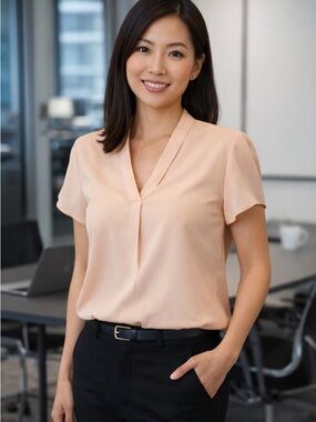 Calvin Klein Peach V-Neck Short Sleeve Blouse